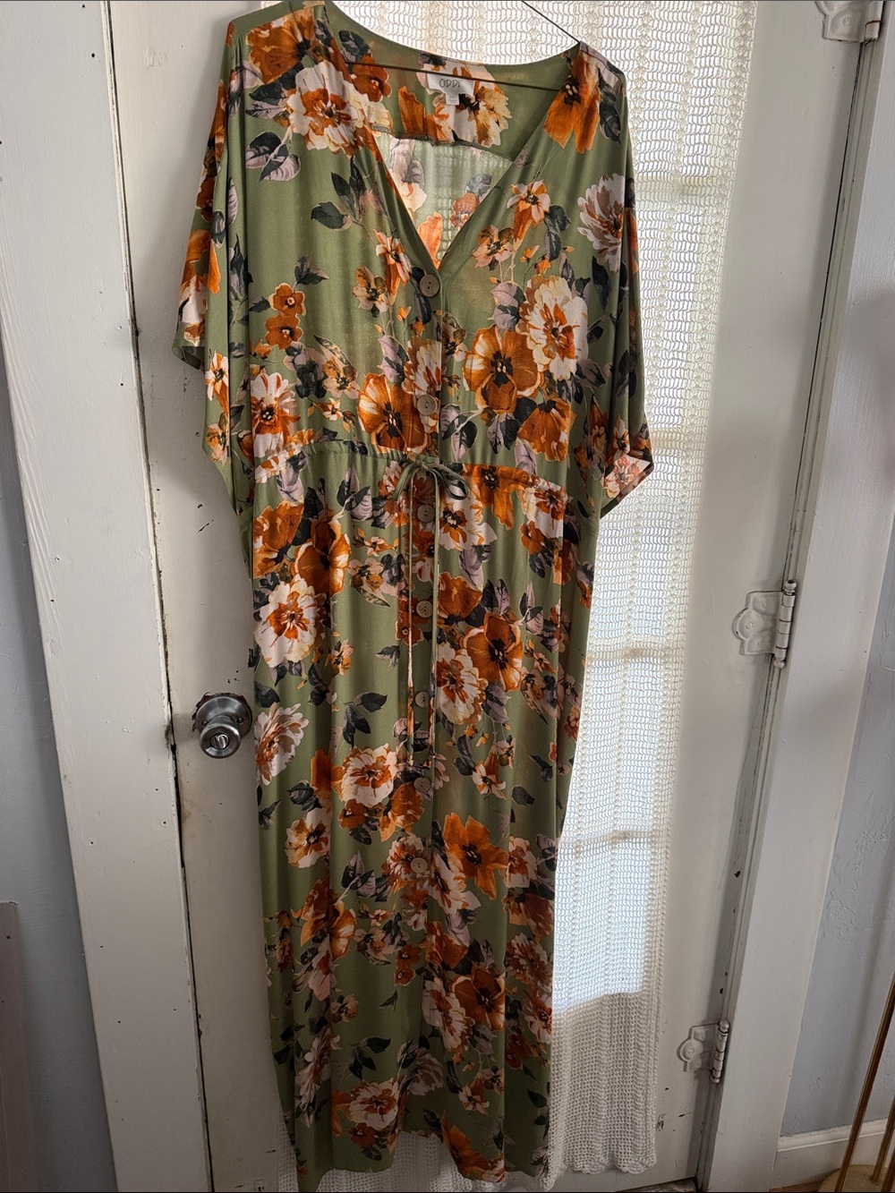 Oddi Floral V-Neck Maxi Dress - Olive with Rust & Cream Flowers - Size 2X